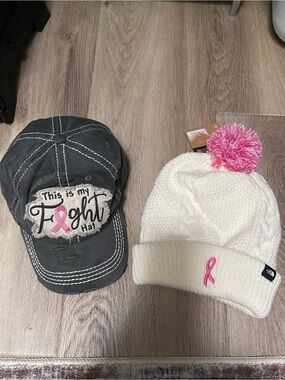 Bundle CANCER hats/North Face White Pom Beanie with Pink Ribbon & Gray Fight Hat